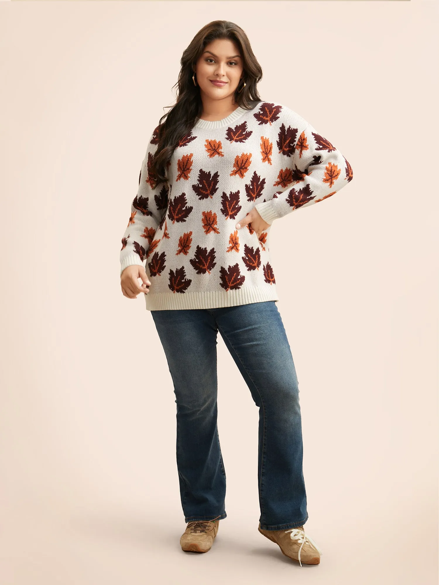 Leaves Jacquard Drop Shoulder Sleeve Pullover sold by Bloomchic product image thumbnail 3