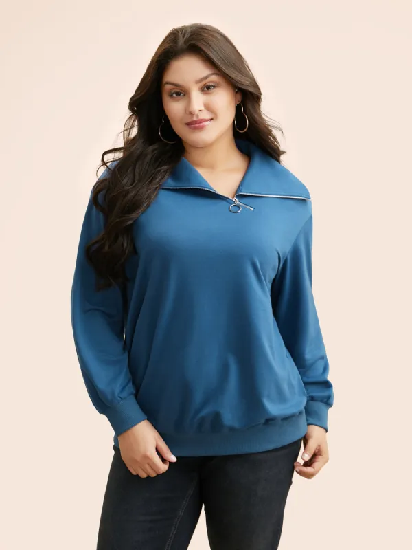 Lapel Collar O Ring Zipper Sweatshirt sold by Bloomchic