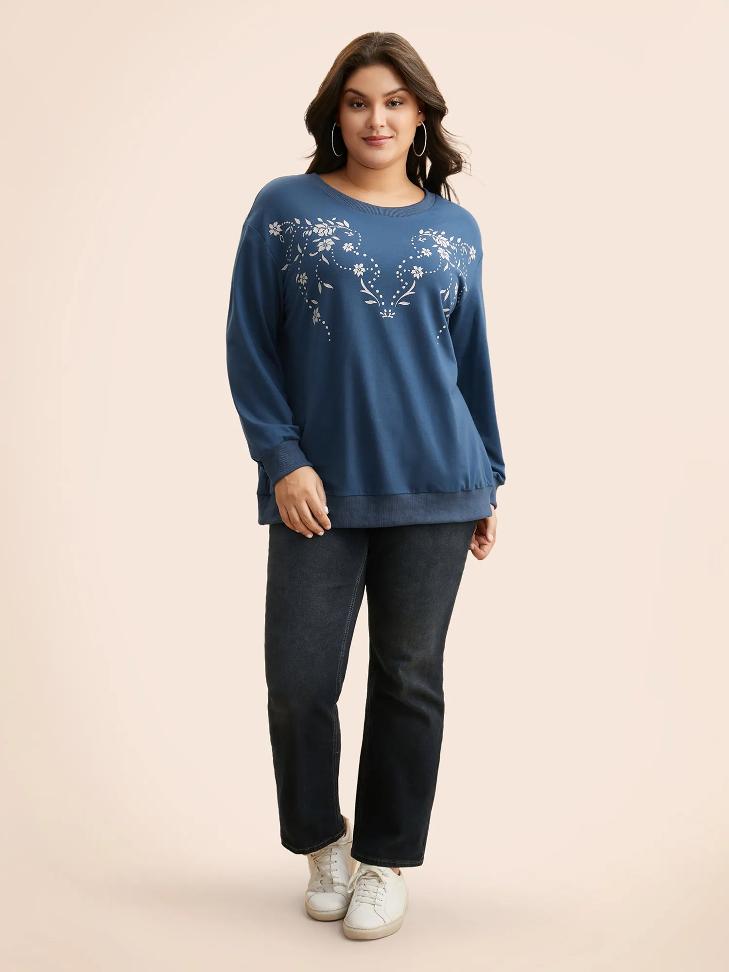 Floral Print Drop Shoulder Sleeve Sweatshirt sold by Bloomchic product image thumbnail 3