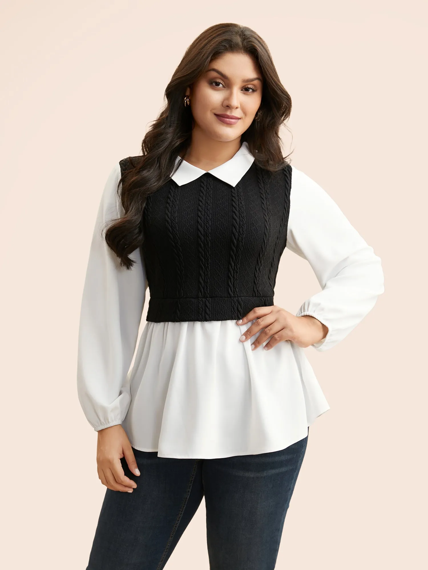 Peter Pan Collar Patchwork Contrast Blouse sold by Bloomchic