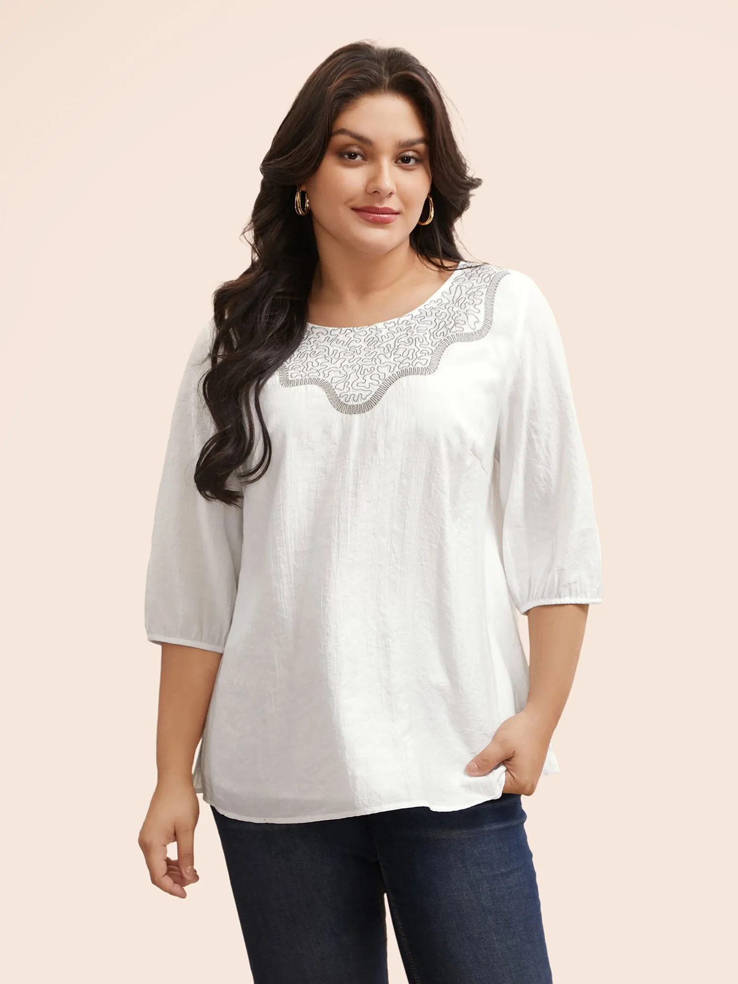 Crew Neck Floral Embroidered Gathered Blouse sold by Bloomchic