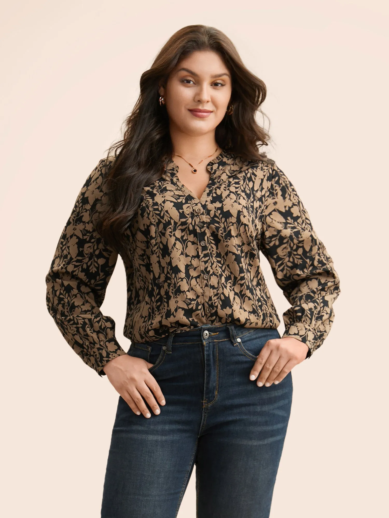 Silhouette Floral Print Notched Frill Trim Blouse sold by Bloomchic