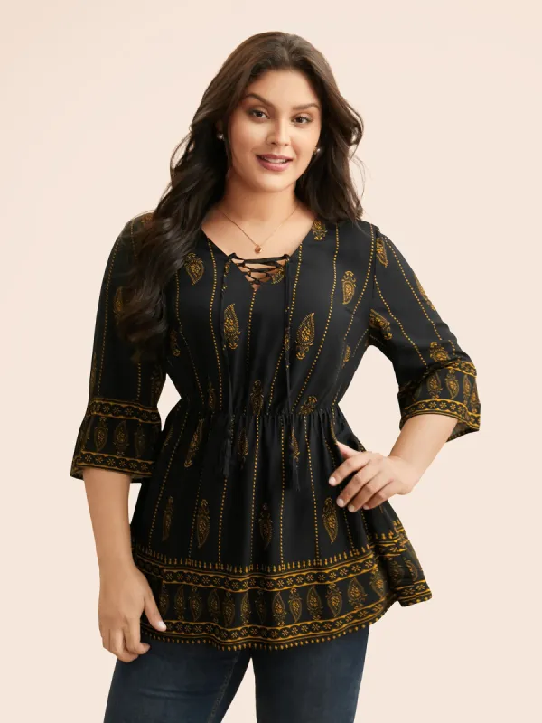 Boho Print Lace Up Bell Sleeve Blouse sold by Bloomchic