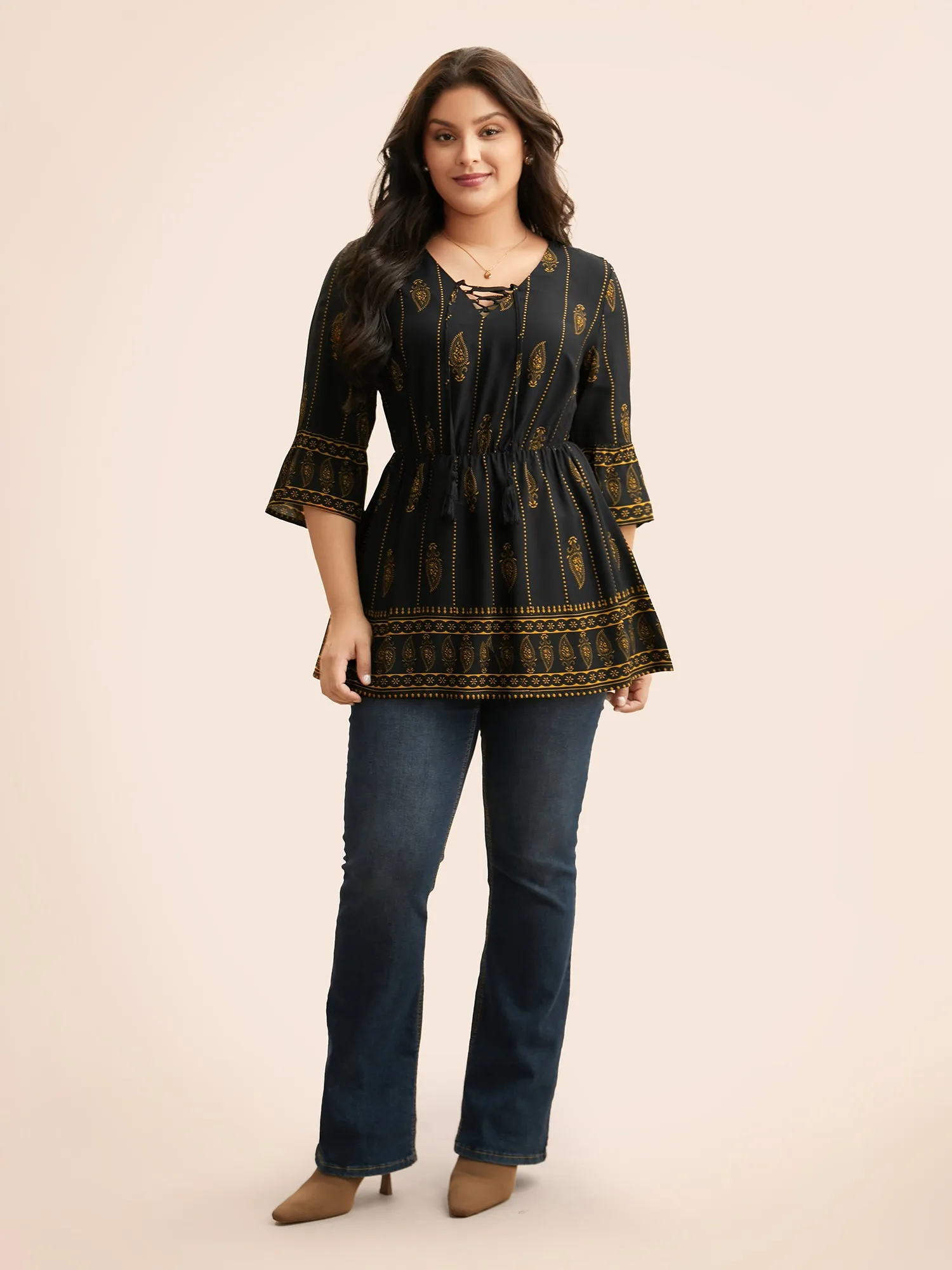 Boho Print Lace Up Bell Sleeve Blouse sold by Bloomchic product image thumbnail 2