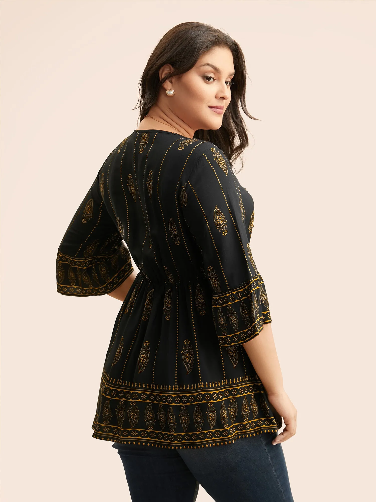 Boho Print Lace Up Bell Sleeve Blouse sold by Bloomchic product image thumbnail 3