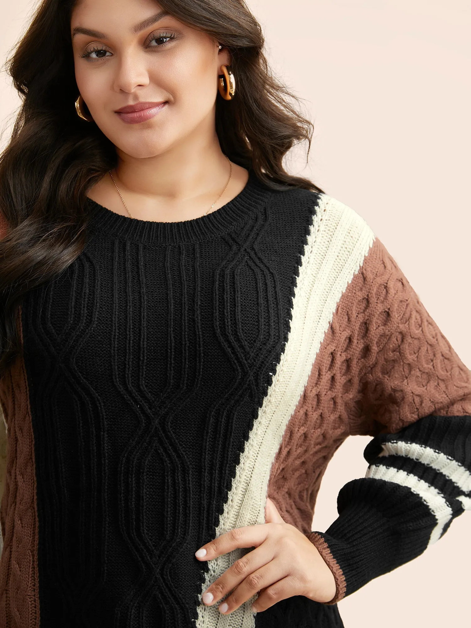 Contrast Patchwork Cable Knit Pullover sold by Bloomchic product image thumbnail 4