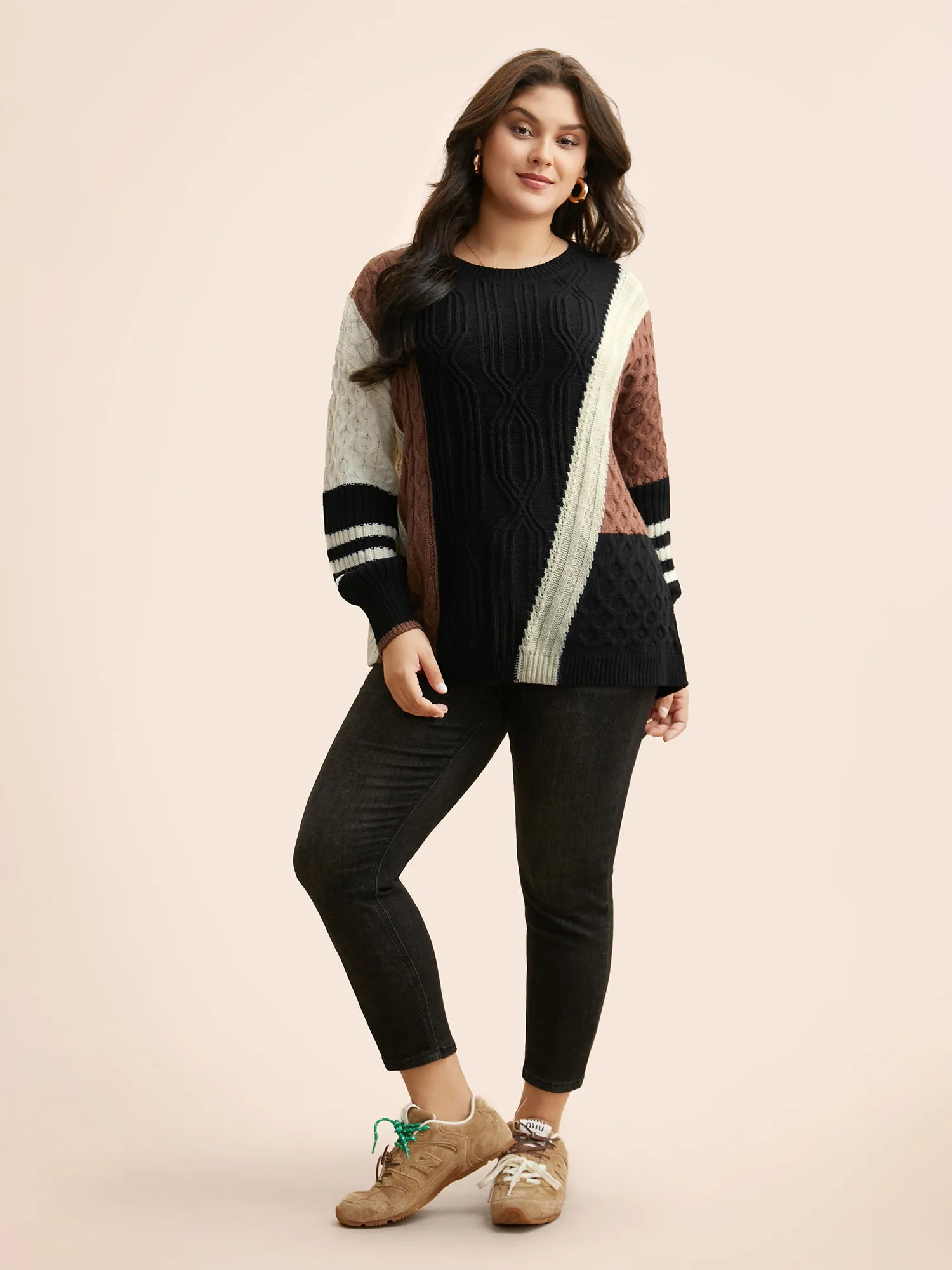Contrast Patchwork Cable Knit Pullover sold by Bloomchic product image thumbnail 3