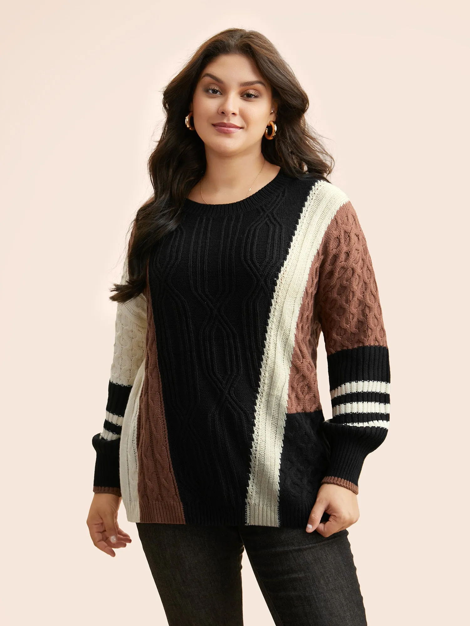 Contrast Patchwork Cable Knit Pullover sold by Bloomchic