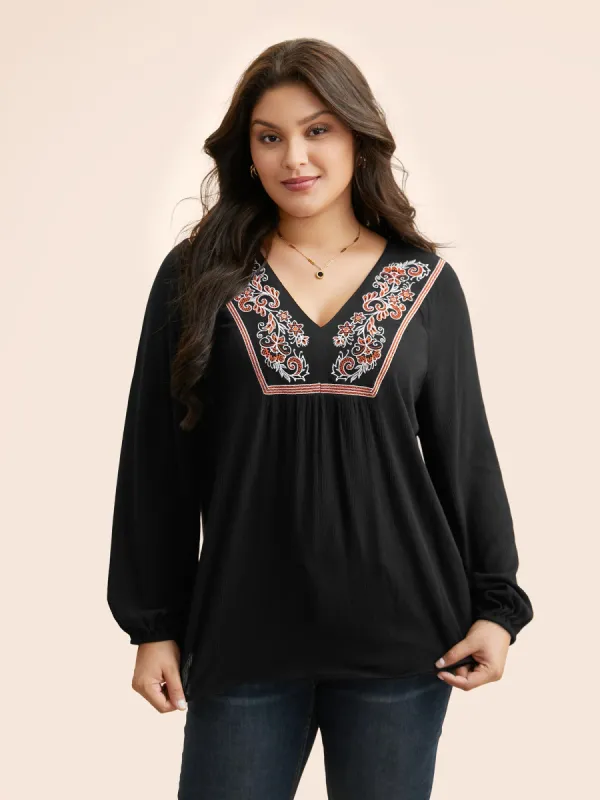 Floral Embroidered Patchwork Lantern Sleeve Blouse sold by Bloomchic