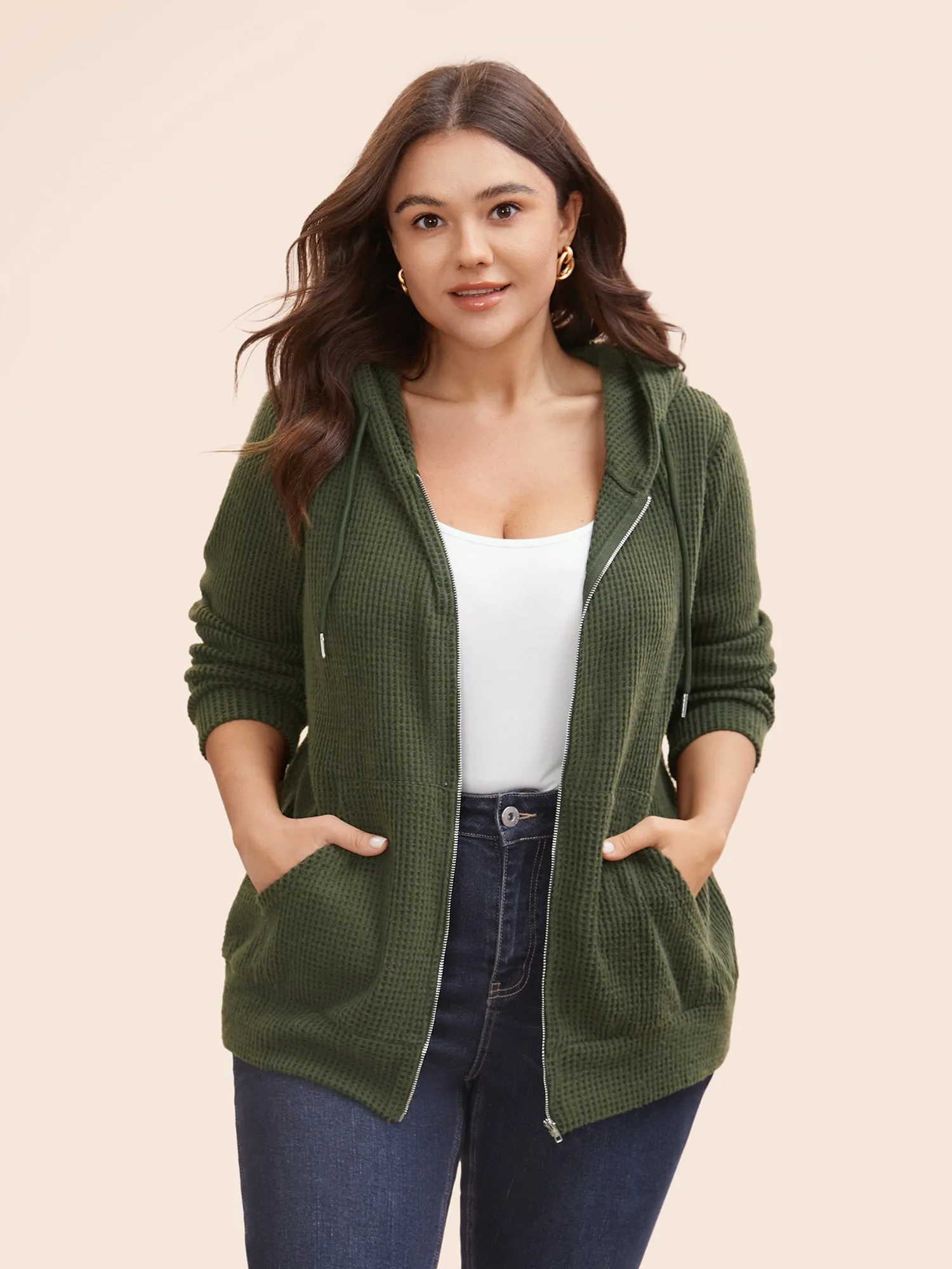 Texture Pocket Drawstring Hooded Sweatshirt sold by Bloomchic