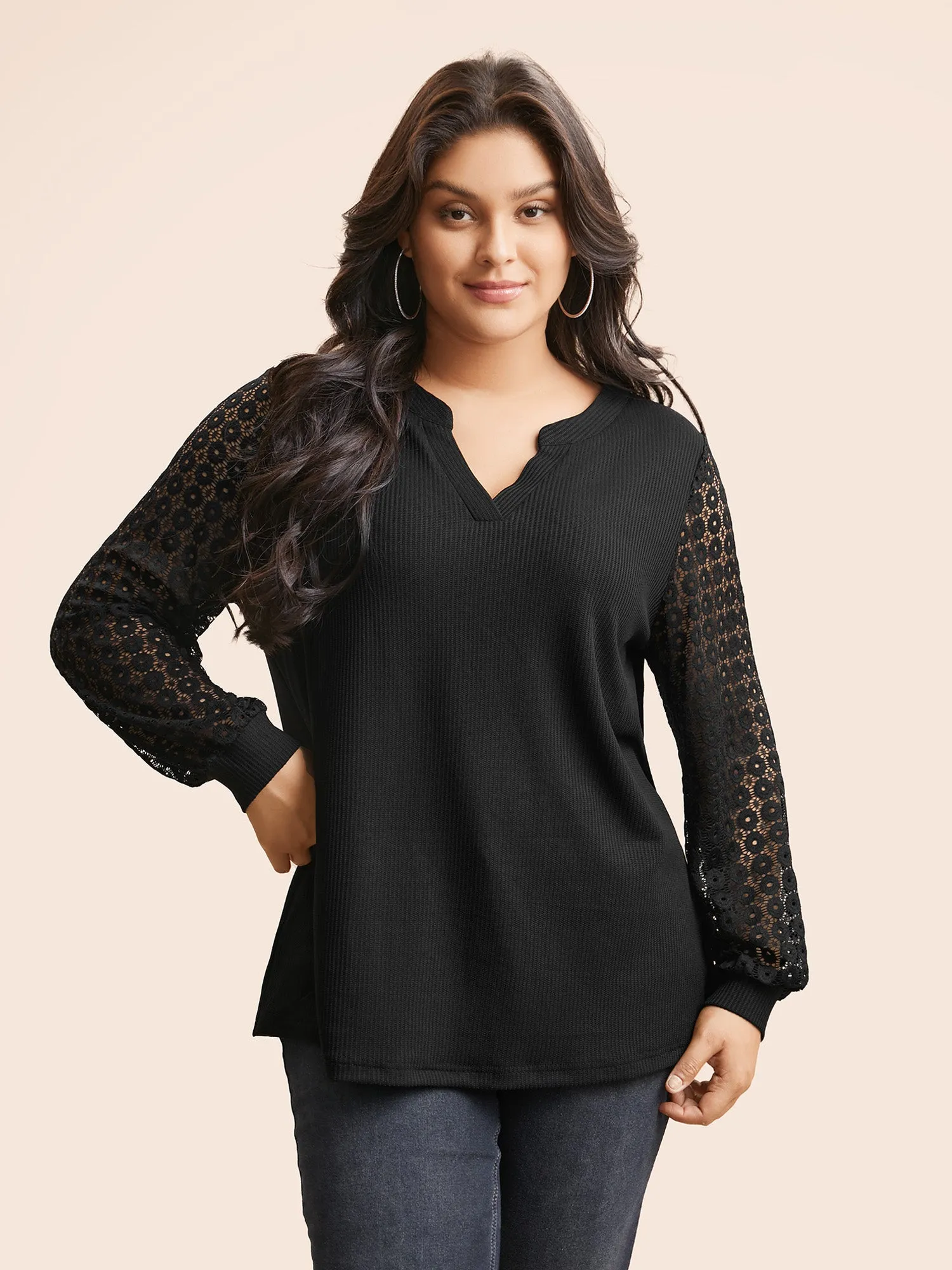Notched Crochet Lace Mesh T-shirt sold by Bloomchic