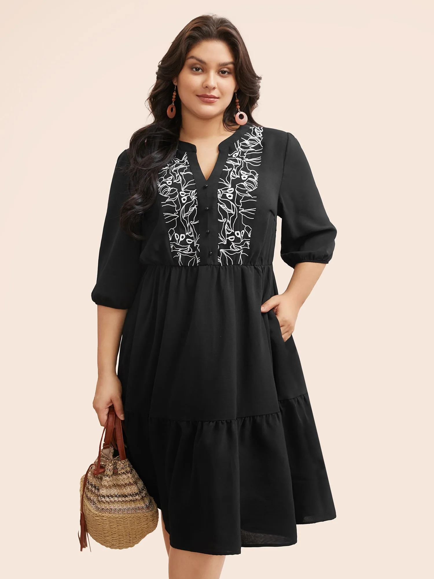 Notched Floral Embroidered Button Detail Dress sold by Bloomchic