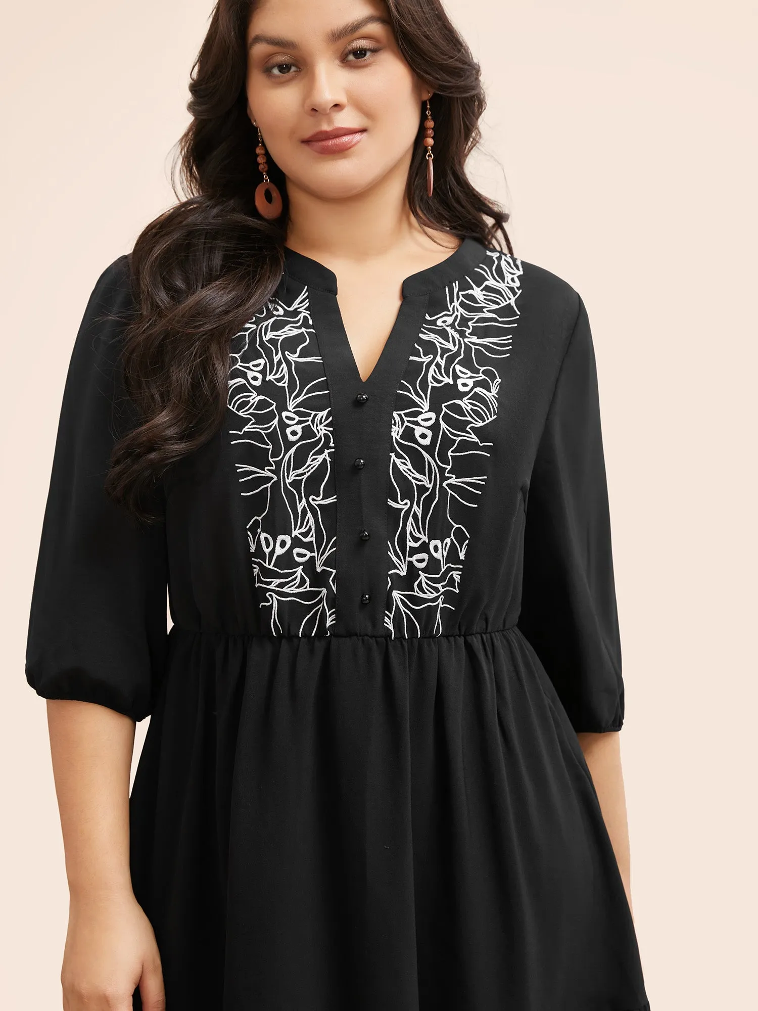 Notched Floral Embroidered Button Detail Dress sold by Bloomchic product image thumbnail 4