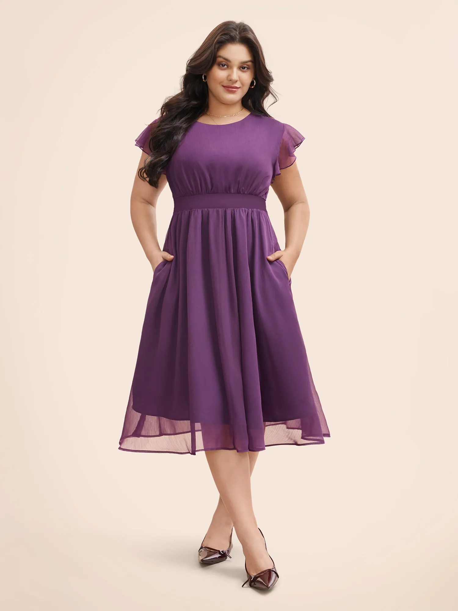 Chiffon Ruffle Cap Sleeve Shirred Dress sold by Bloomchic product image thumbnail 3