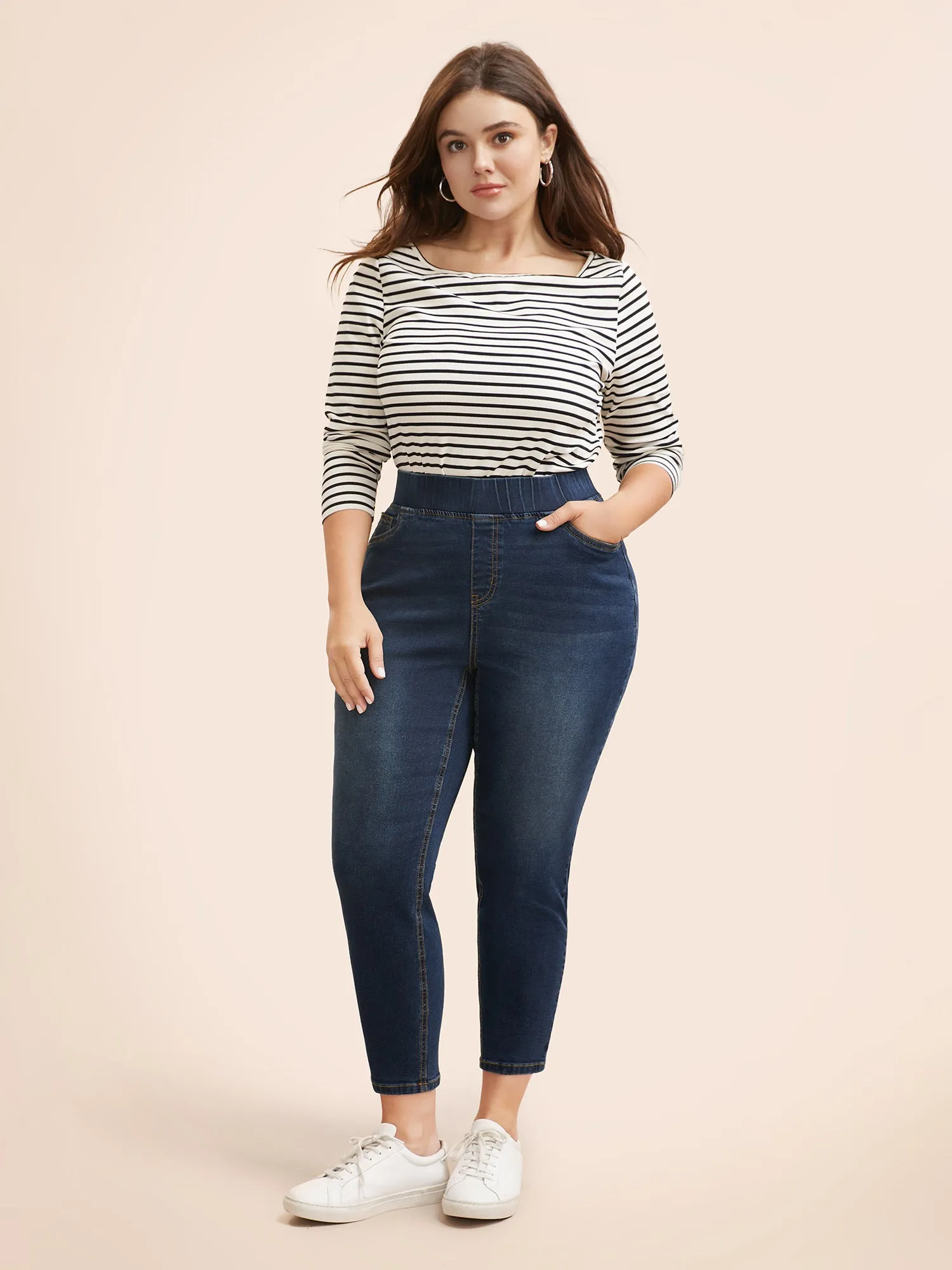 Dark Wash Elastic Waist Skinny Jeans sold by Bloomchic product image thumbnail 3