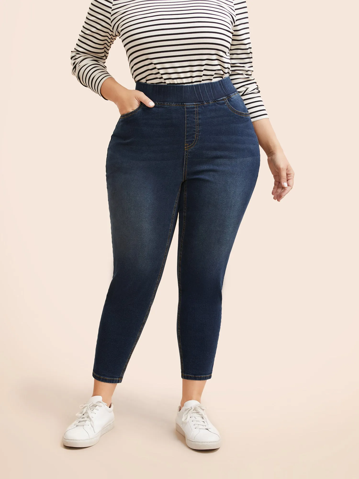 Dark Wash Elastic Waist Skinny Jeans sold by Bloomchic