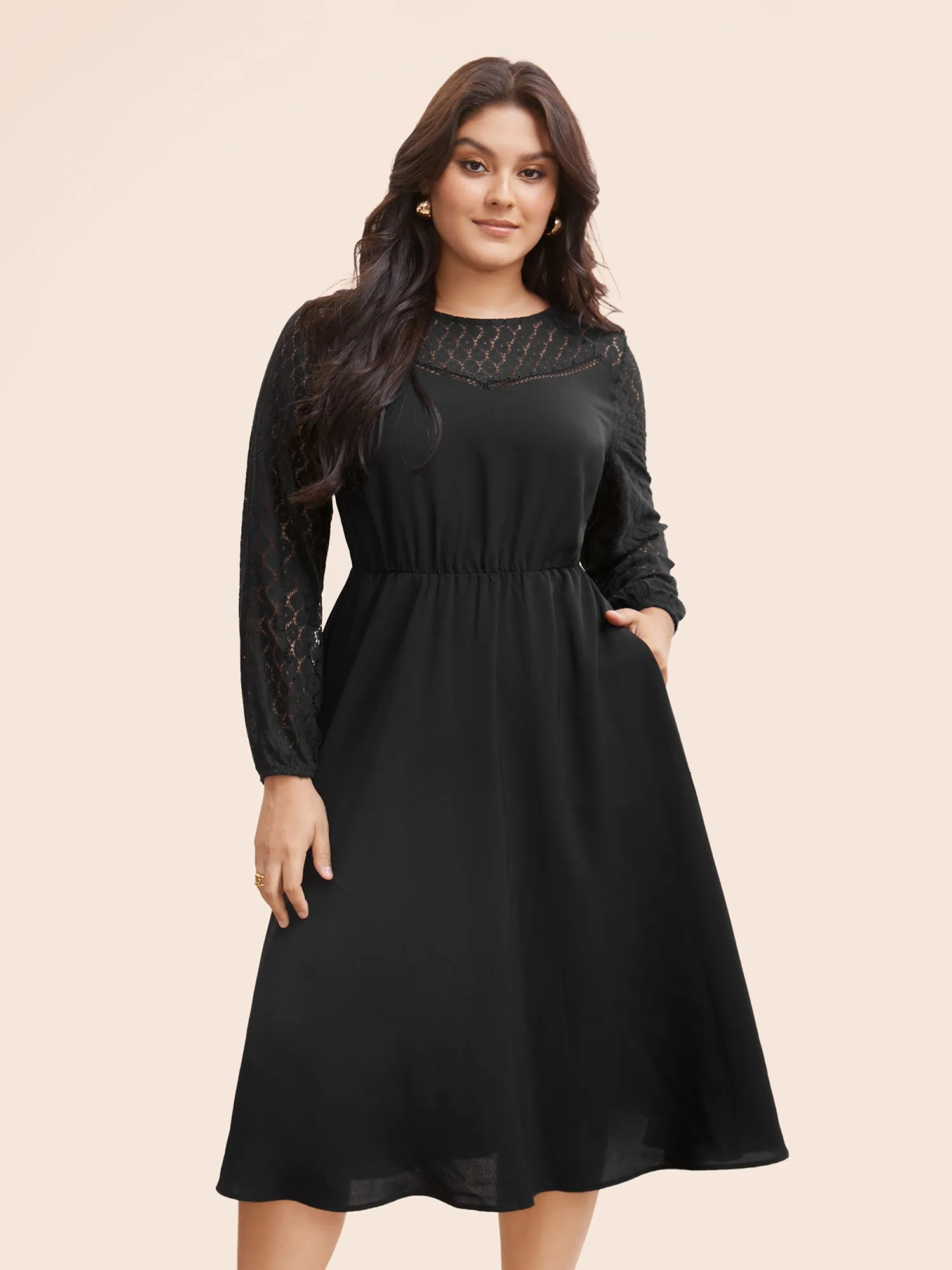 Crochet Lace Mesh Gathered Pocket Dress sold by Bloomchic