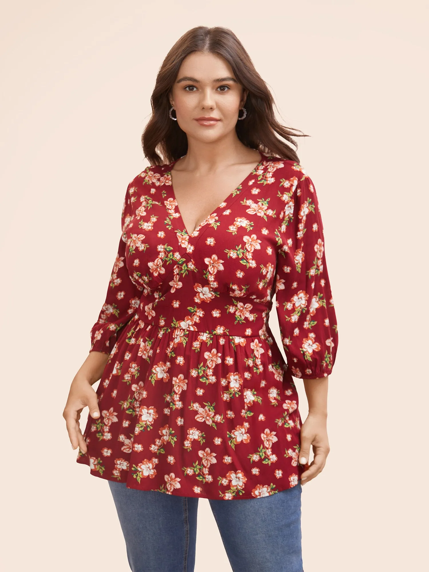 Floral Shirred Lantern Sleeve Blouse sold by Bloomchic