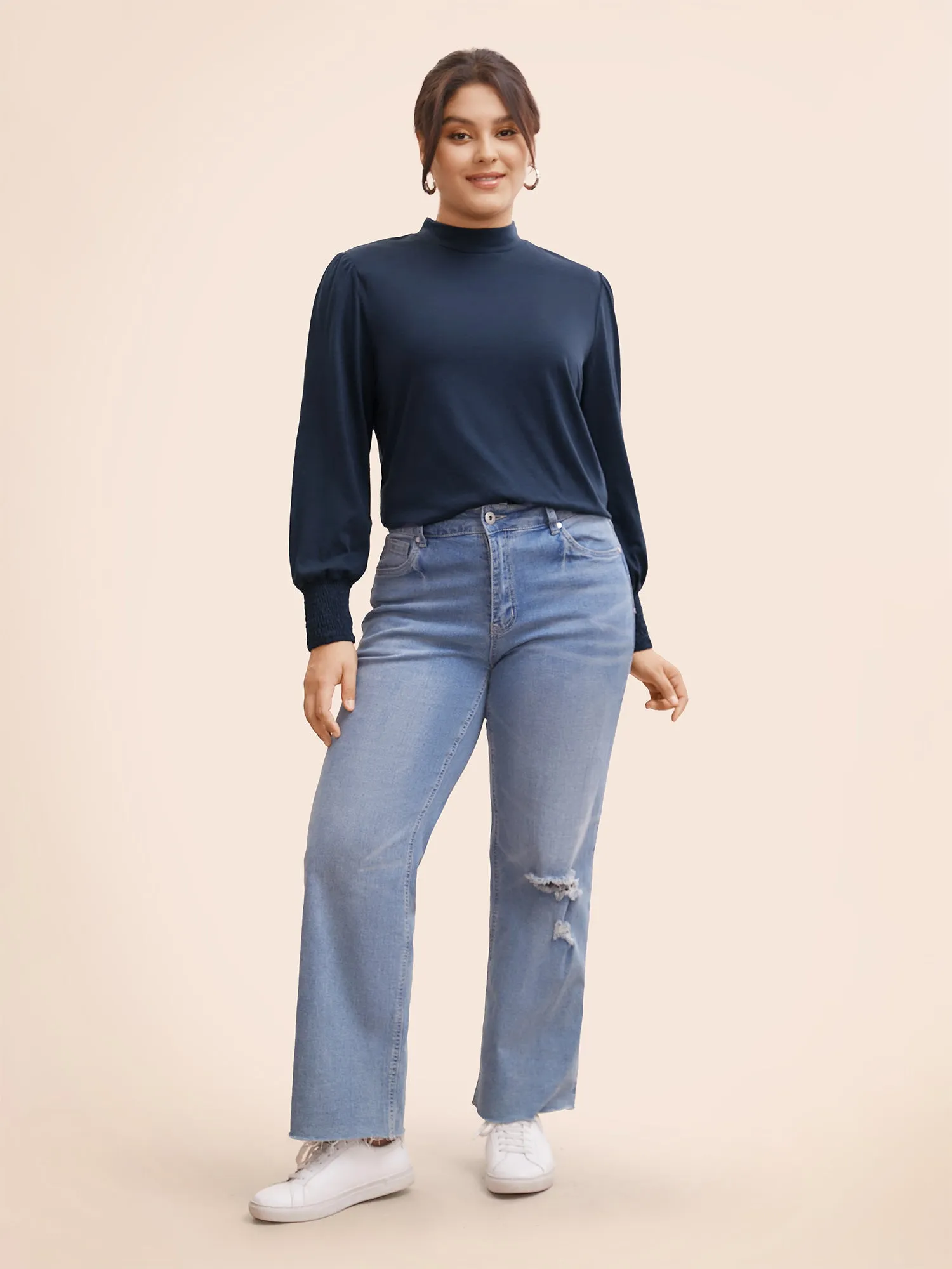 Mock Neck Lantern Sleeve Shirred T-shirt sold by Bloomchic product image thumbnail 3