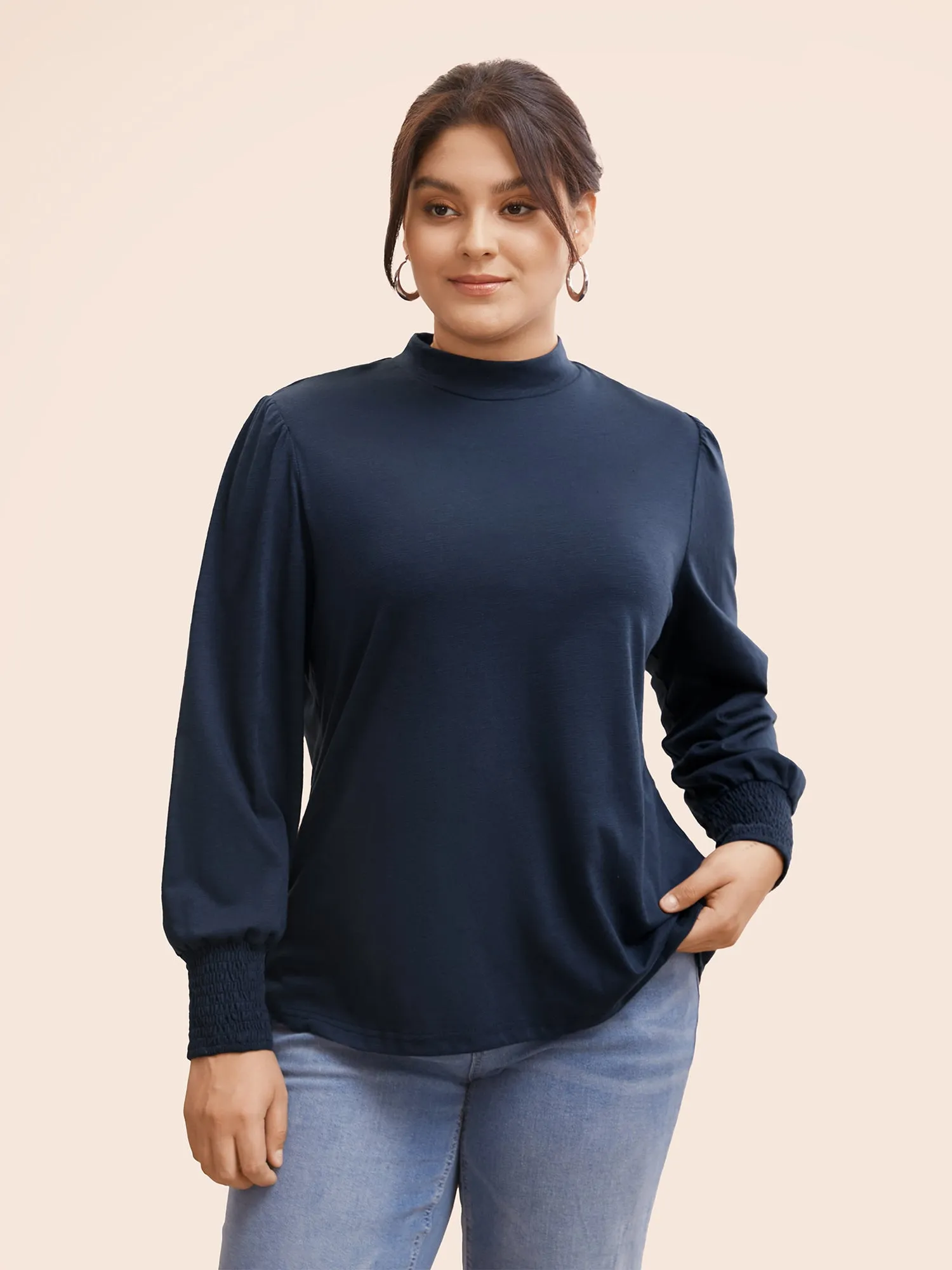 Mock Neck Lantern Sleeve Shirred T-shirt sold by Bloomchic product image thumbnail 2