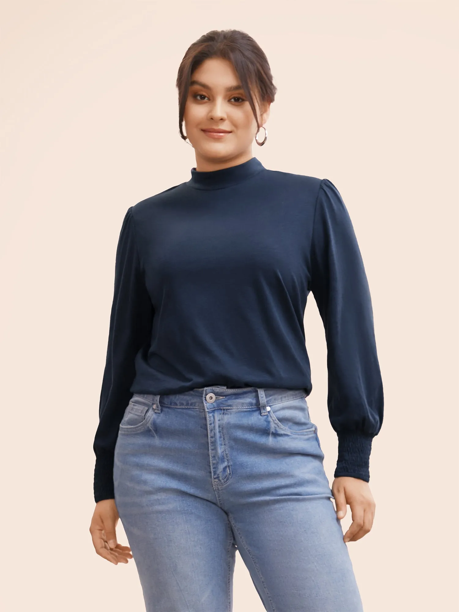 Mock Neck Lantern Sleeve Shirred T-shirt sold by Bloomchic