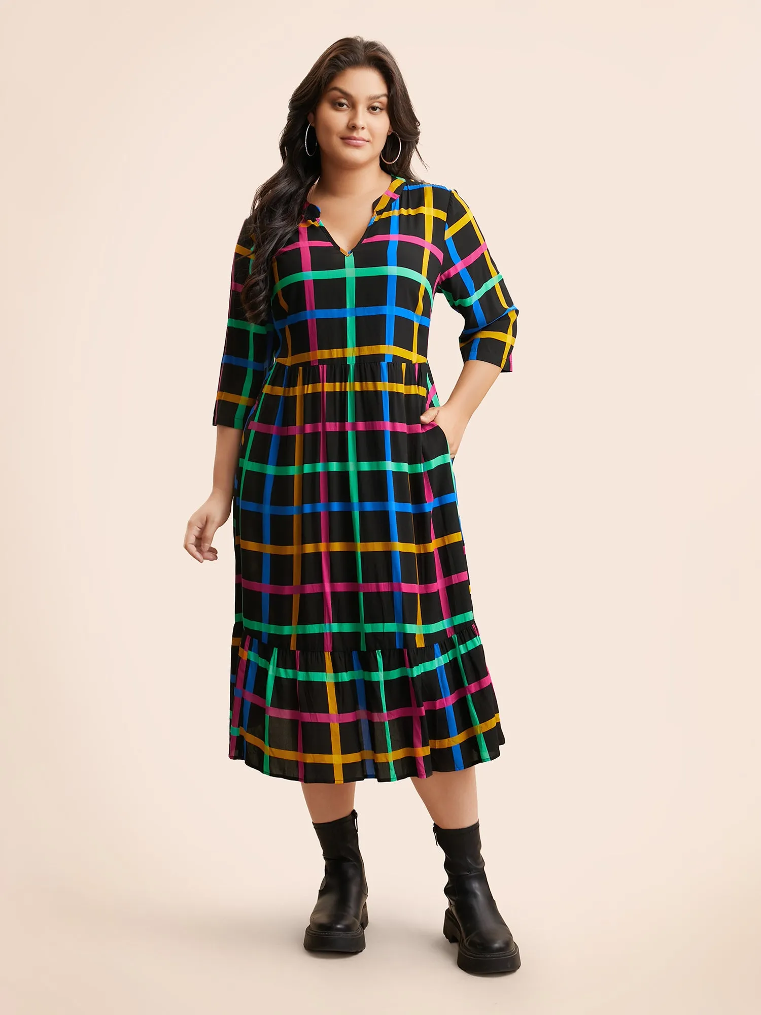 Plaid Notched Ruffle Hem Pocket Dress sold by Bloomchic product image thumbnail 3