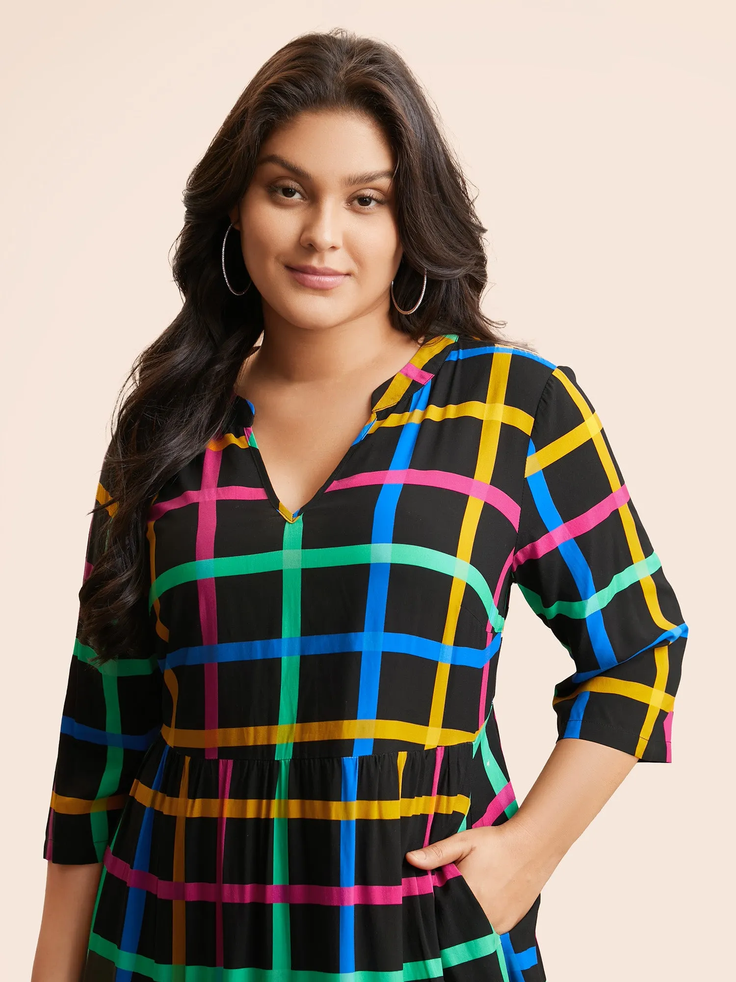 Plaid Notched Ruffle Hem Pocket Dress sold by Bloomchic product image thumbnail 2