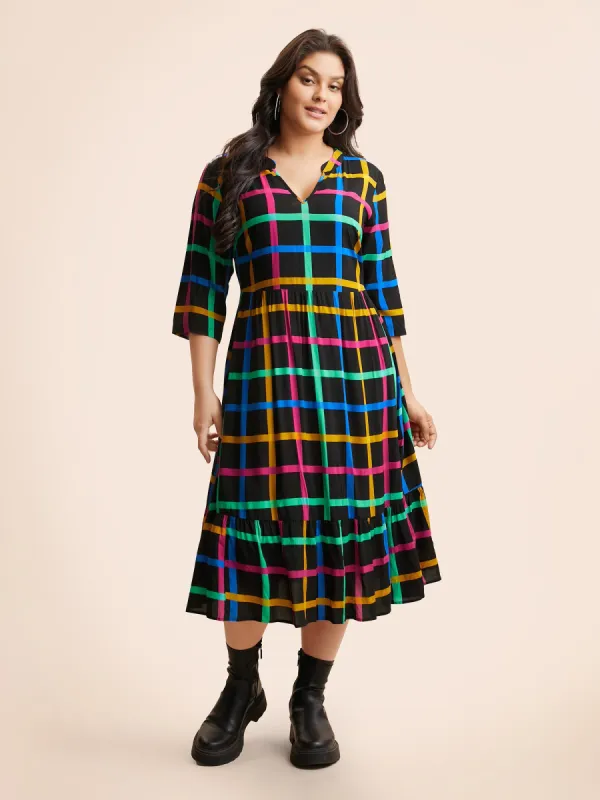 Plaid Notched Ruffle Hem Pocket Dress sold by Bloomchic