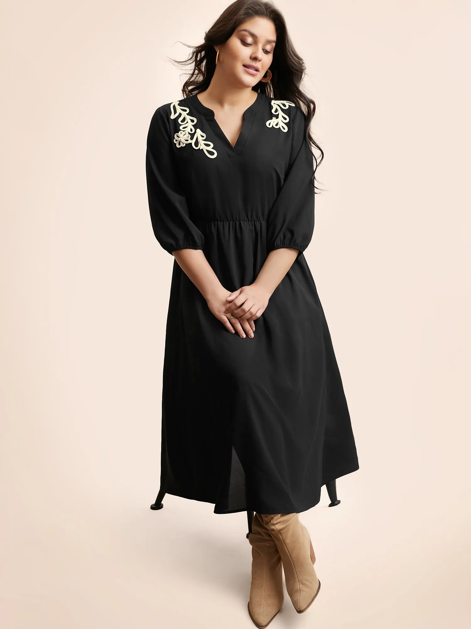 Notched Stereo Flower Design Midi Dress sold by Bloomchic