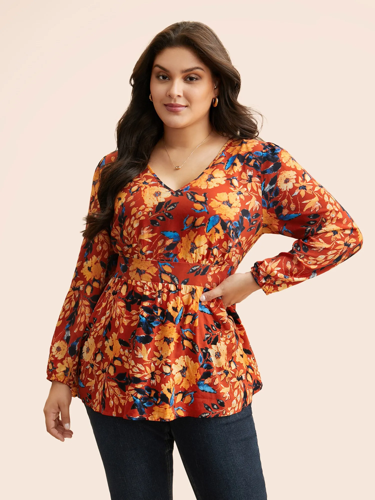 Floral Shirred Gathered Lantern Sleeve Blouse sold by Bloomchic