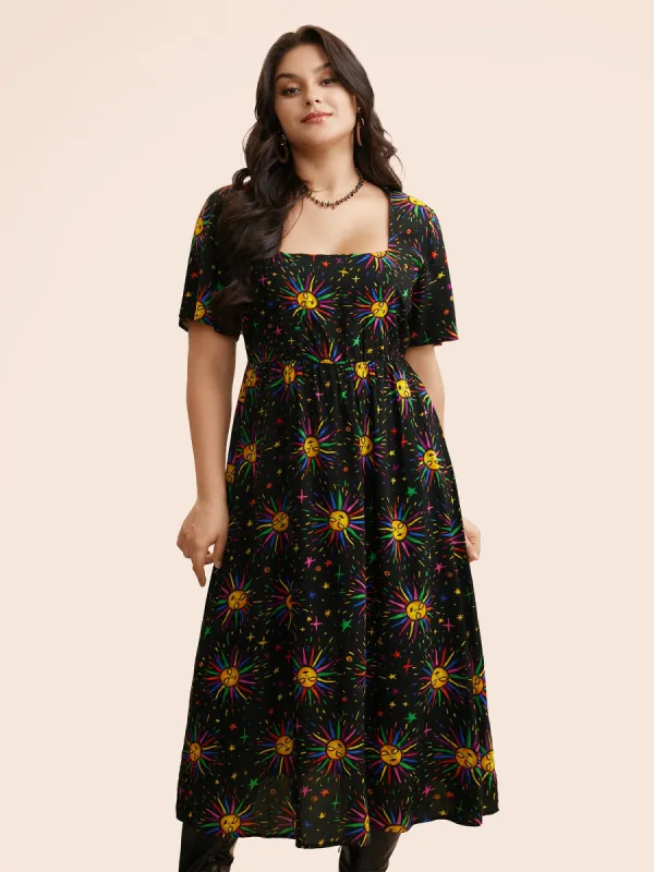 Sun Print Ruffle Sleeve Midi Dress sold by Bloomchic