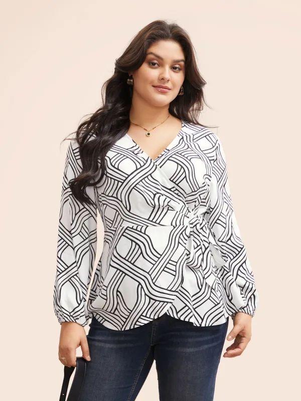 Geometric Overlap Collar Tie Knot Blouse sold by Bloomchic
