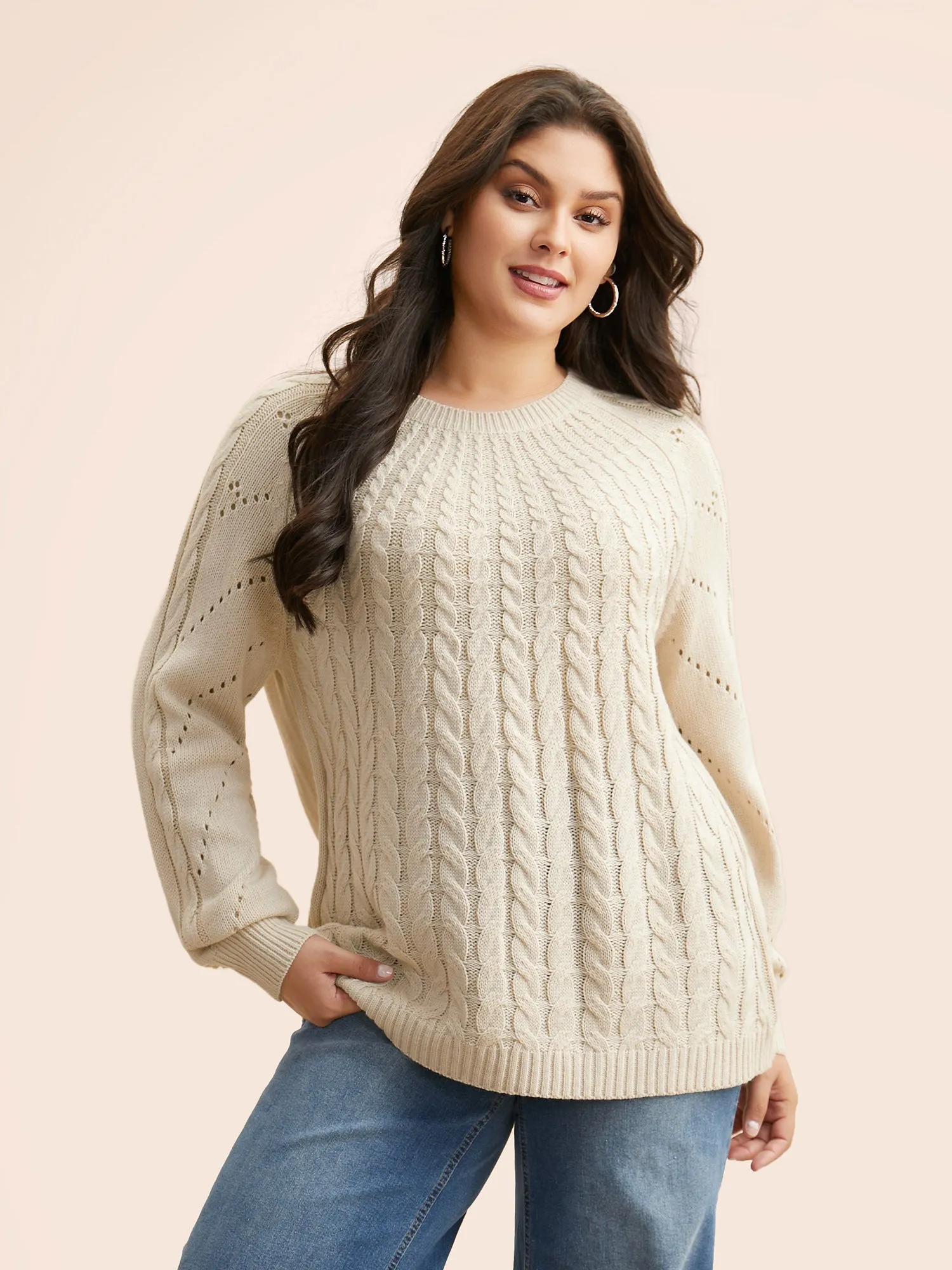 Cable Knit Raglan Sleeve Cut Out Pullover sold by Bloomchic