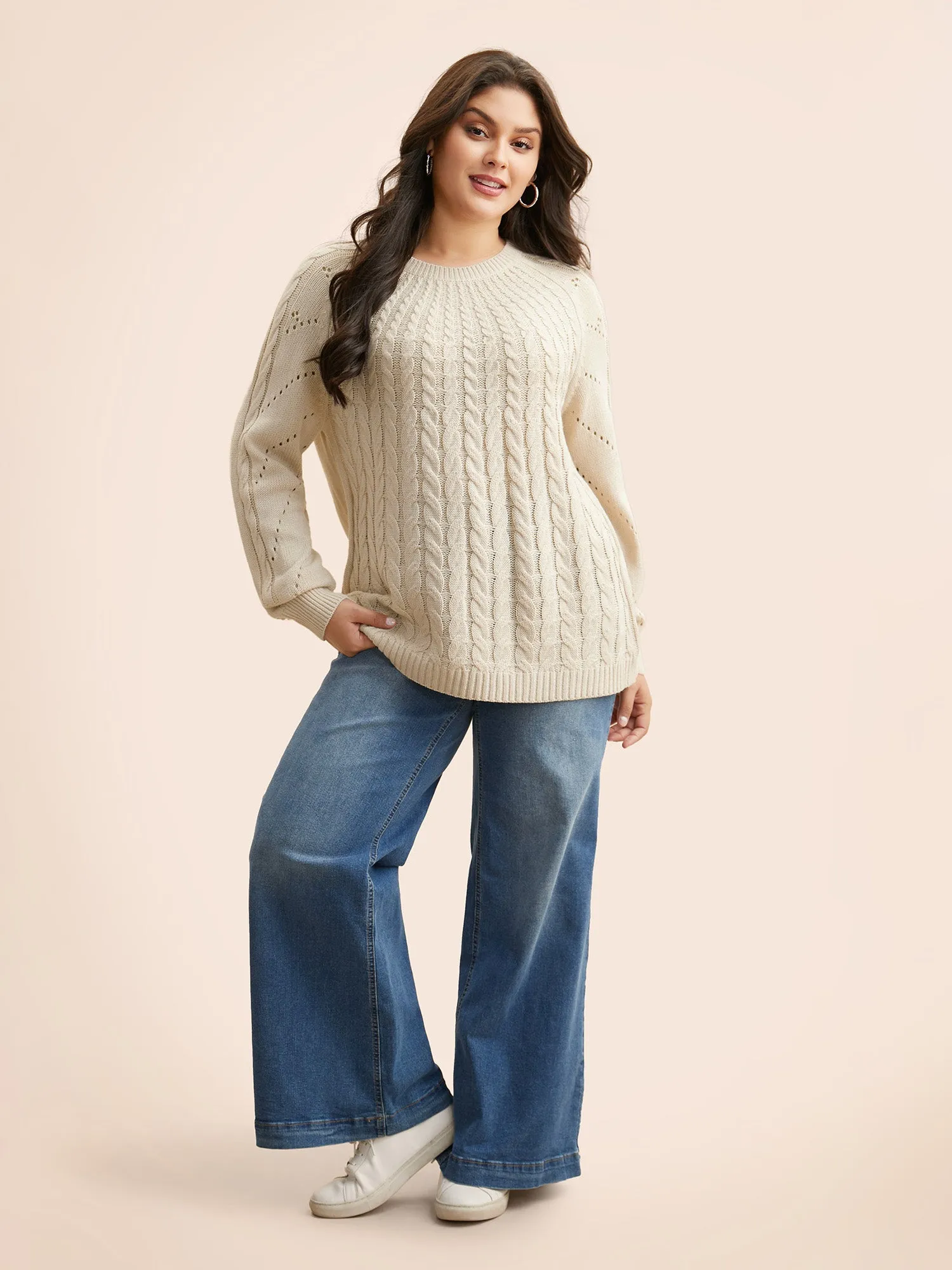 Cable Knit Raglan Sleeve Cut Out Pullover sold by Bloomchic product image thumbnail 3