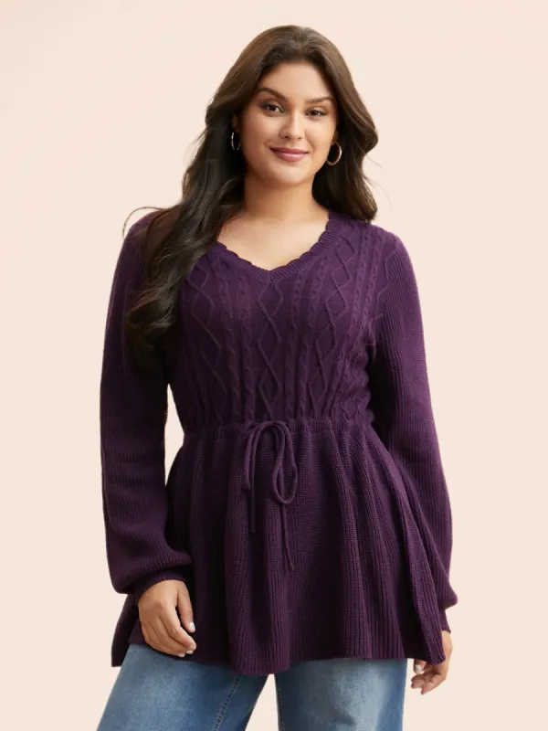 V Neck Cable Knit Drawstring Pullover sold by Bloomchic