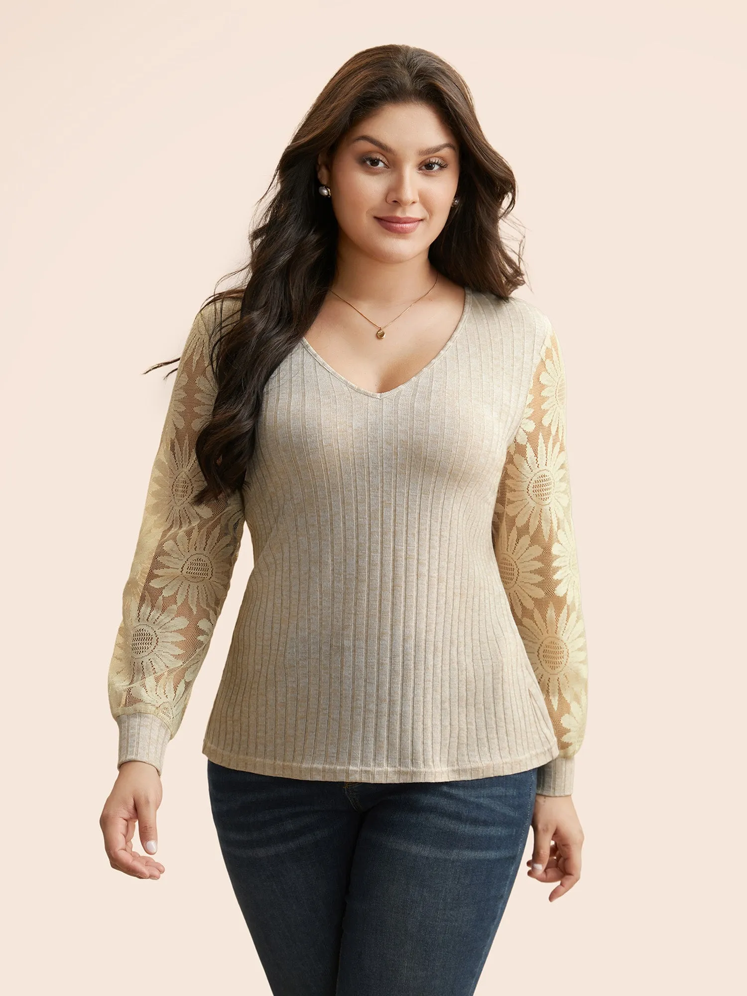 V Neck Texture Lace Patchwork T-shirt sold by Bloomchic