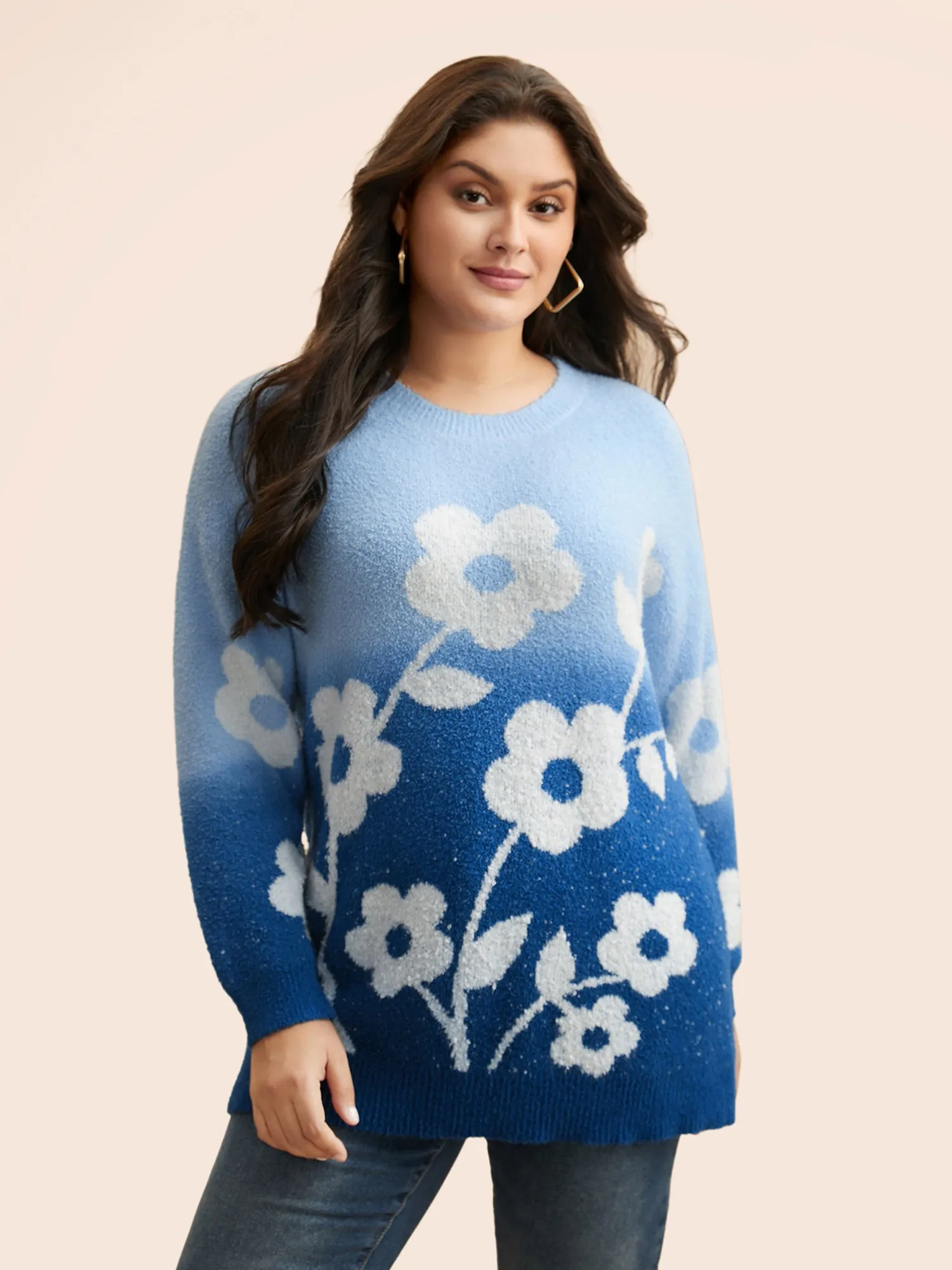 Floral Jacquard Ombre Drop Shoulder Pullover sold by Bloomchic