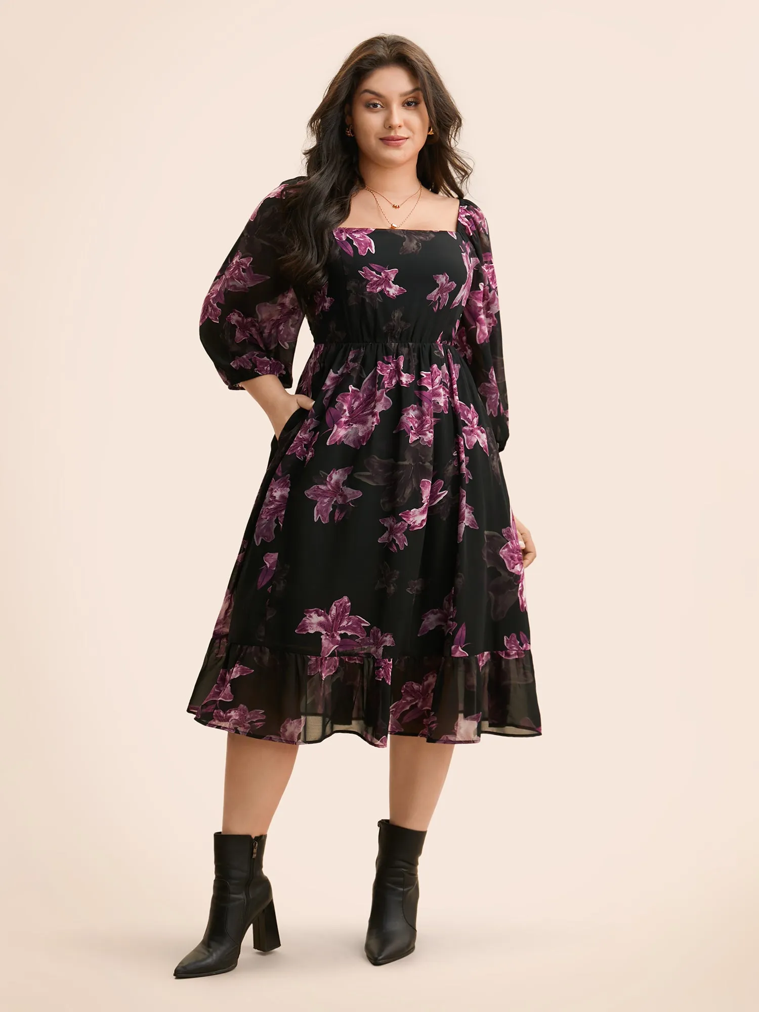 Floral Patchwork Ruffle Hem Mesh Dress sold by Bloomchic