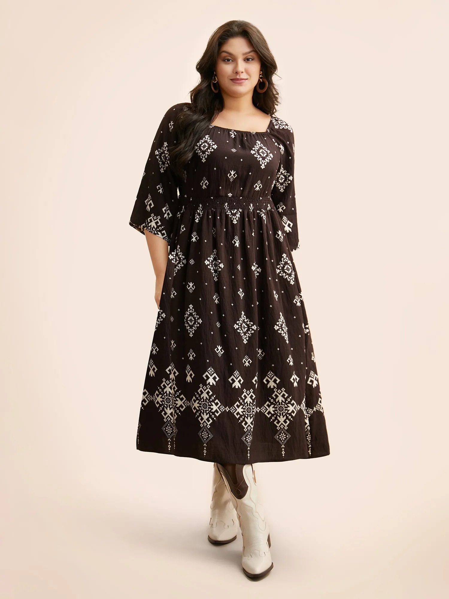 Boho Print Square Neck Shirred Dress sold by Bloomchic product image thumbnail 2