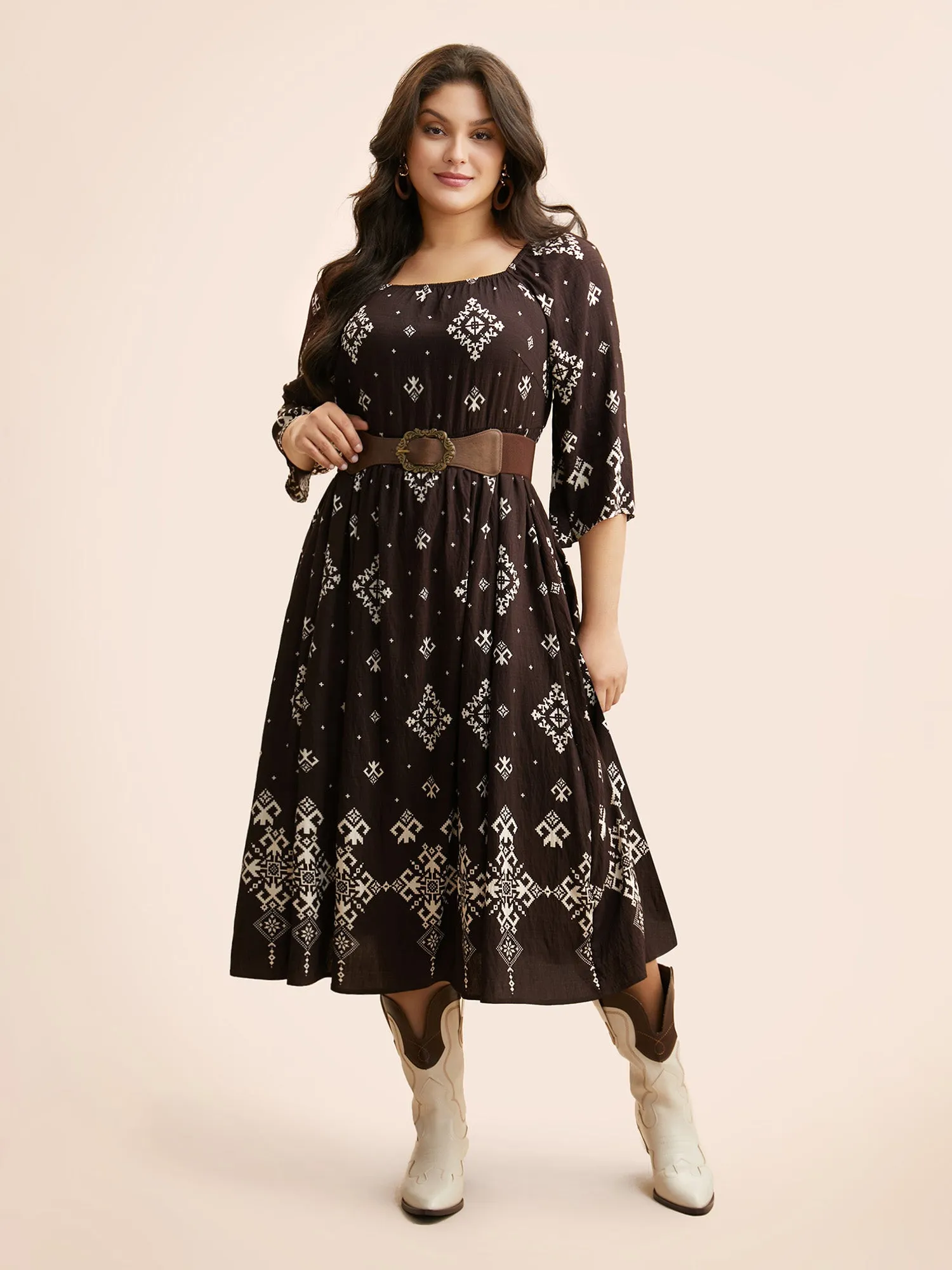 Boho Print Square Neck Shirred Dress sold by Bloomchic