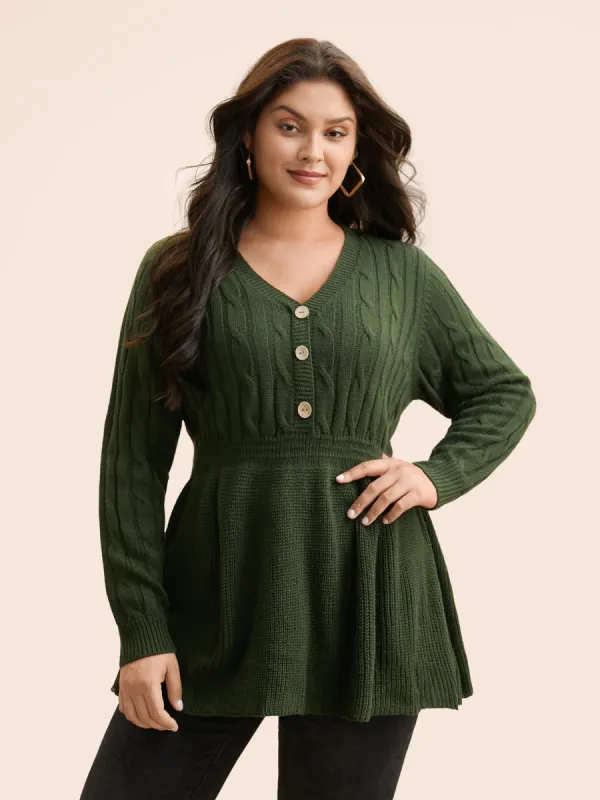 Texture Cable Knit Button Detail Pullover sold by Bloomchic