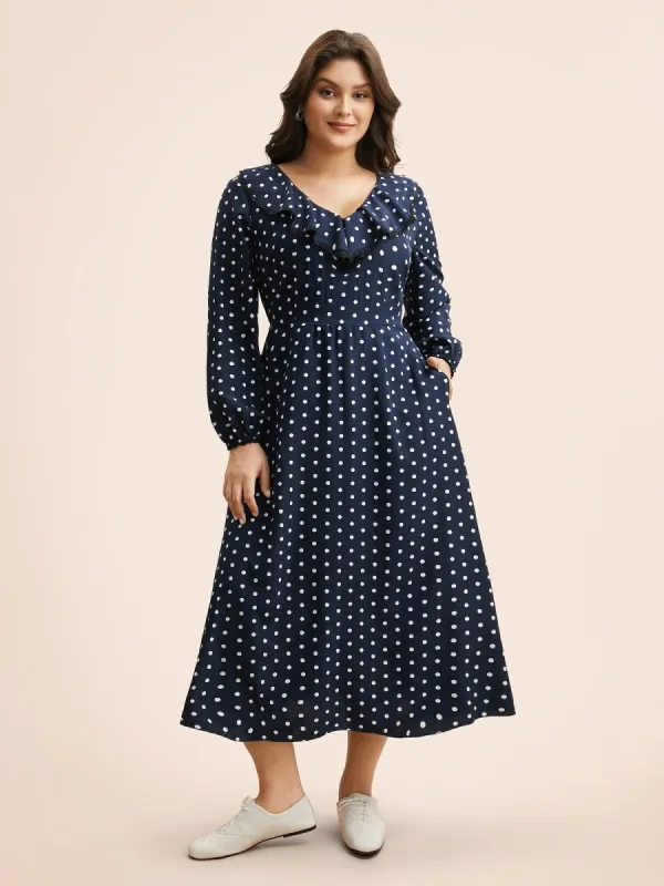 Polka Dot Ruffle Trim Midi Dress sold by Bloomchic