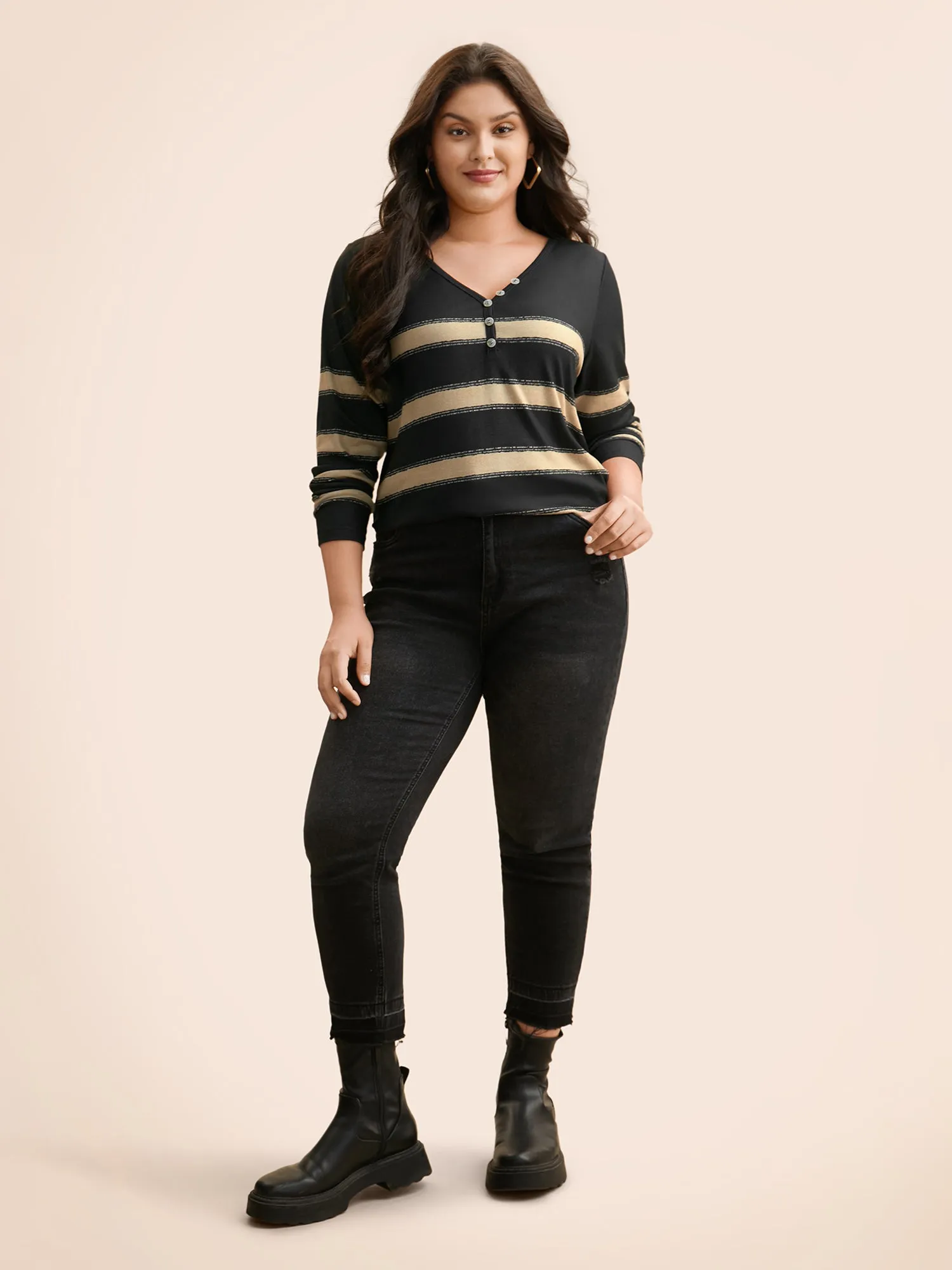 Contrast Striped Button Detail T-shirt sold by Bloomchic product image thumbnail 2