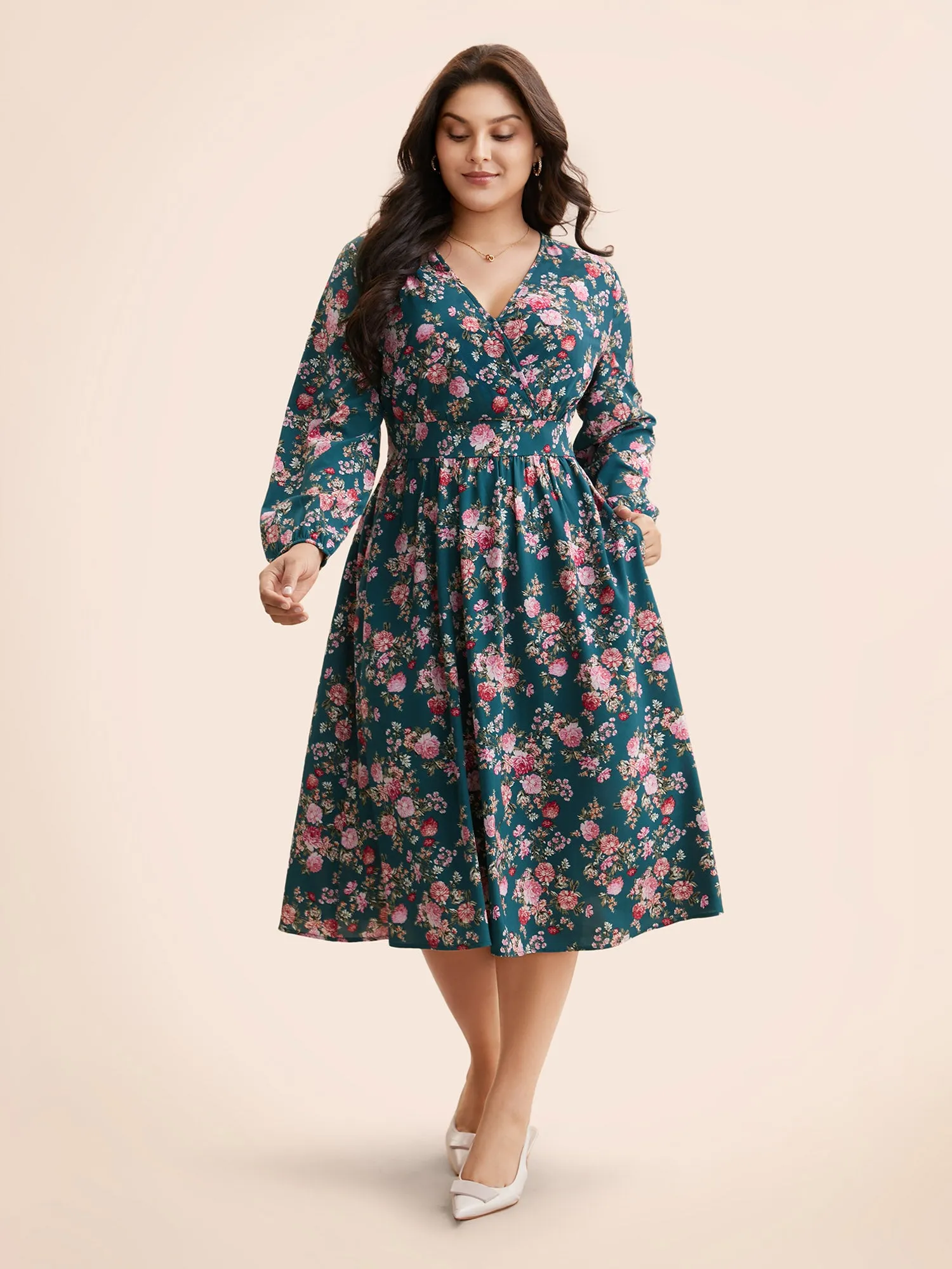 Floral Overlap Collar Gathered Dress sold by Bloomchic product image thumbnail 3