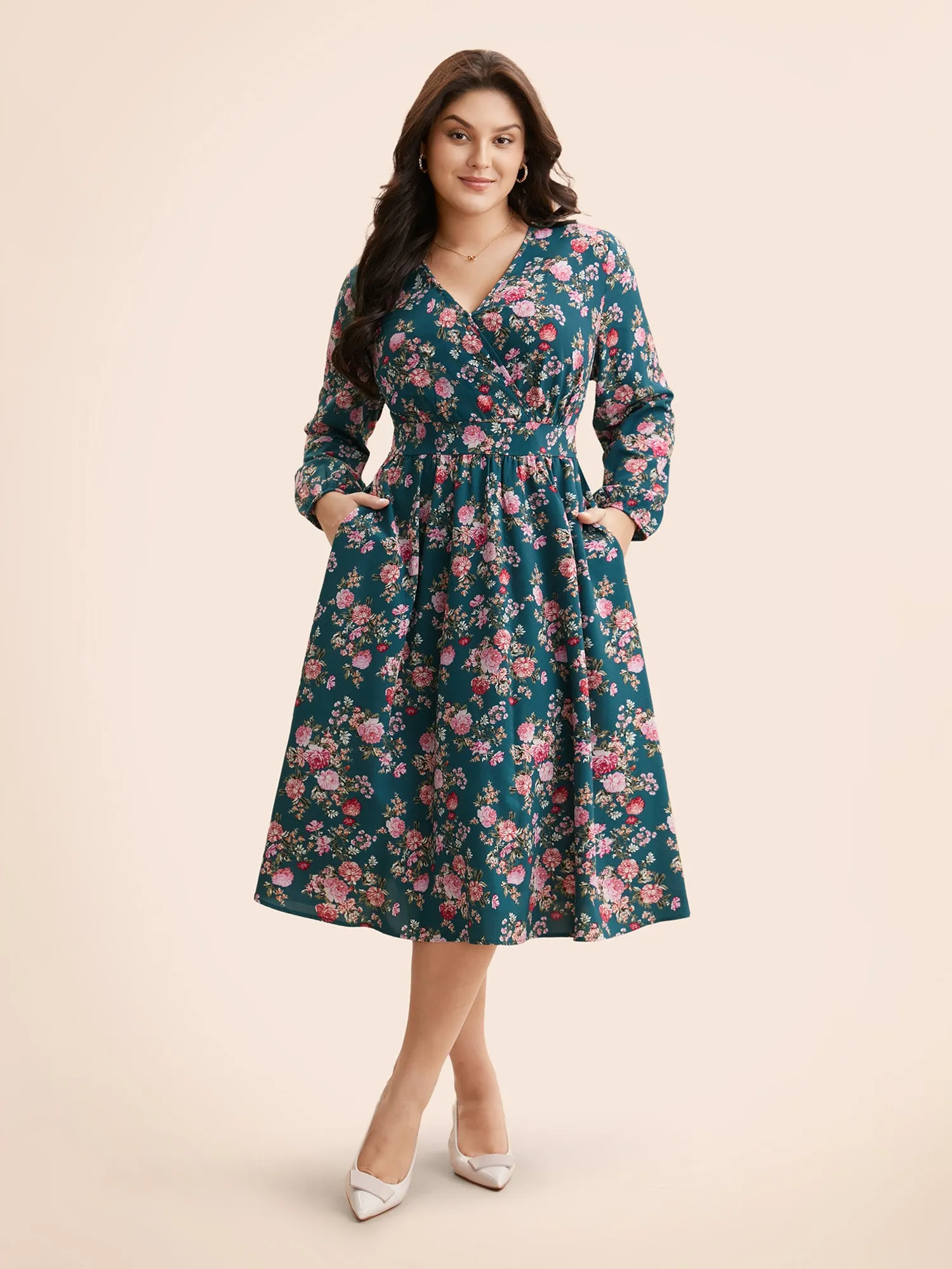 Floral Overlap Collar Gathered Dress sold by Bloomchic