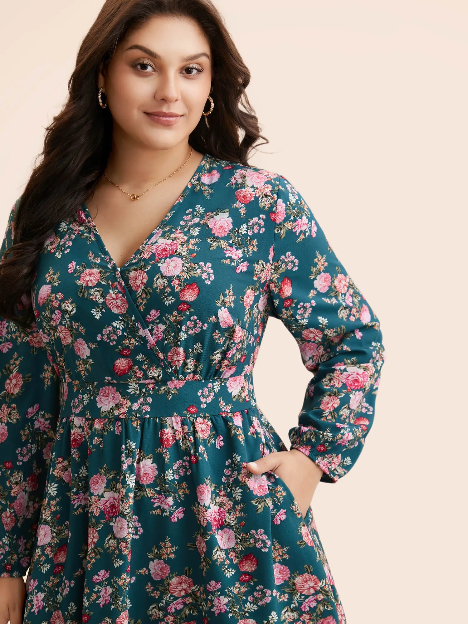 Floral Overlap Collar Gathered Dress sold by Bloomchic product image thumbnail 2