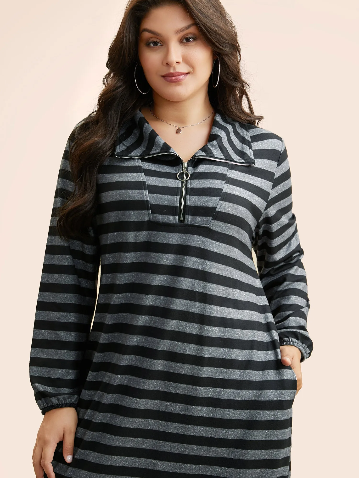 Striped Half Zip Pocket Dress sold by Bloomchic product image thumbnail 4