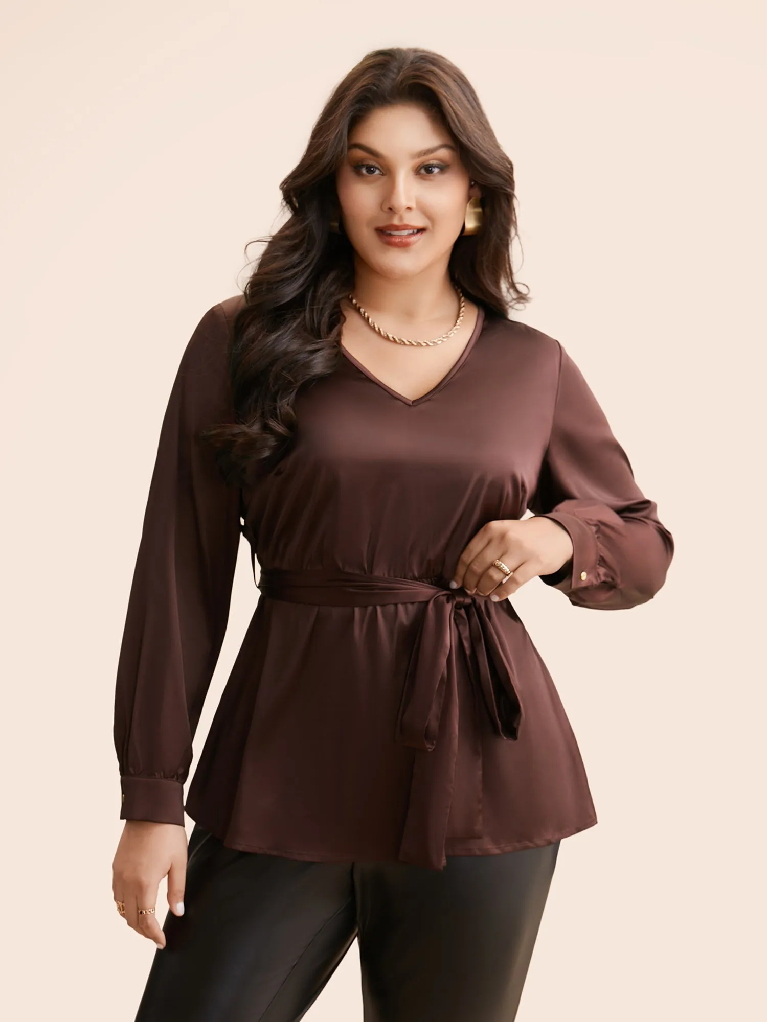 V Neck Tie Knot Gathered Blouse sold by Bloomchic