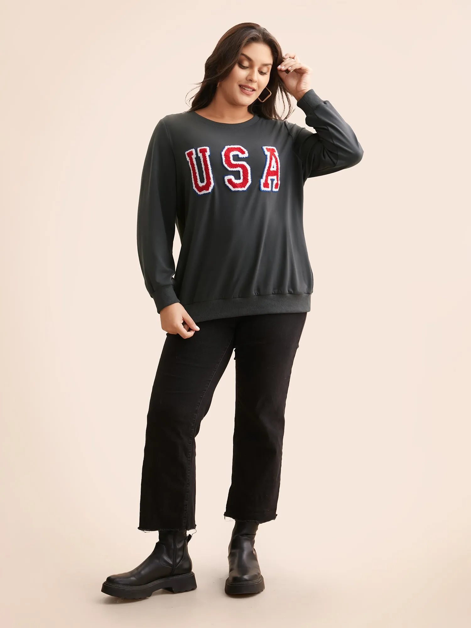 USA Embroidered Patch Round Neck Sweatshirt sold by Bloomchic product image thumbnail 3