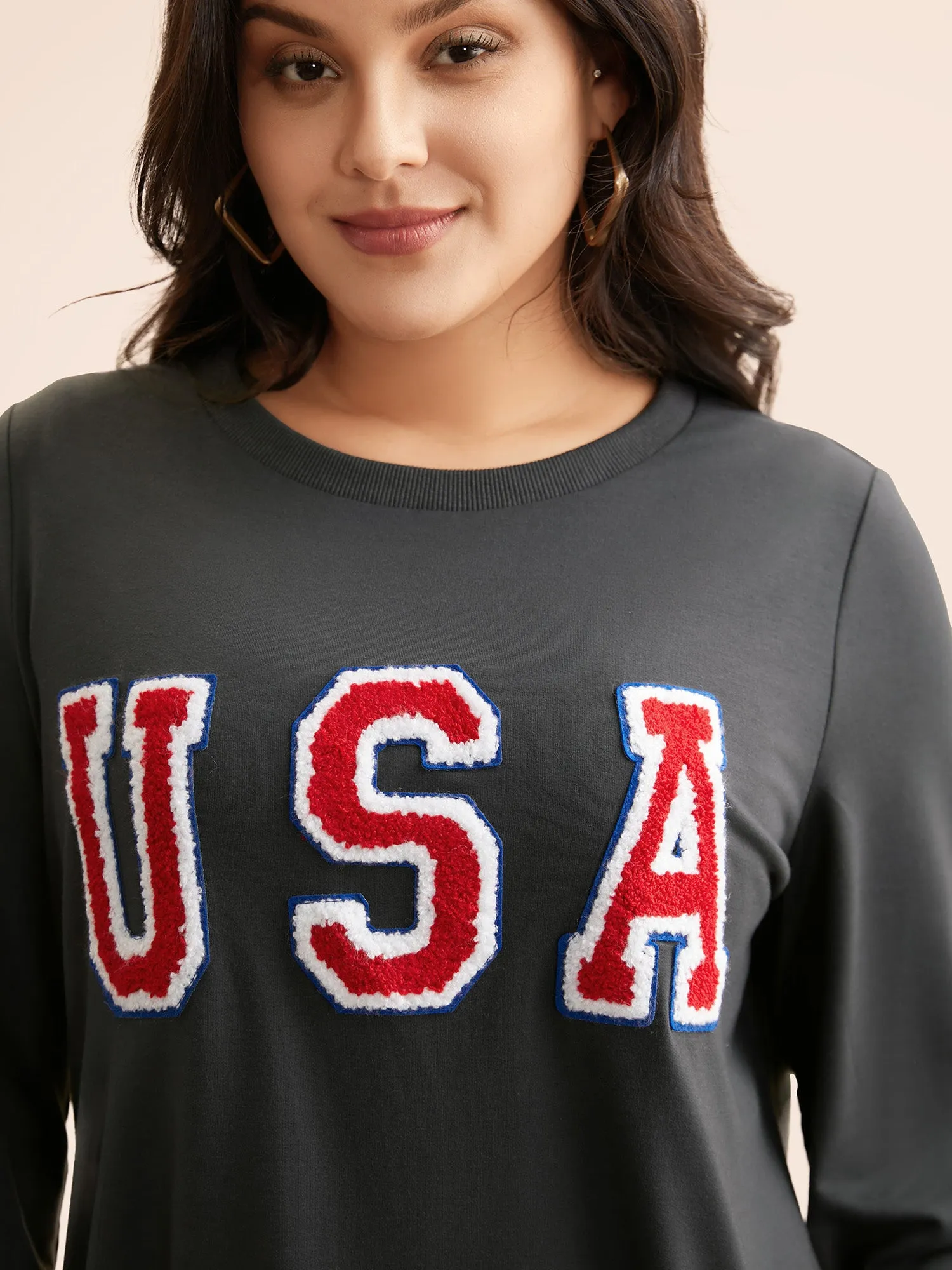 USA Embroidered Patch Round Neck Sweatshirt sold by Bloomchic product image thumbnail 2
